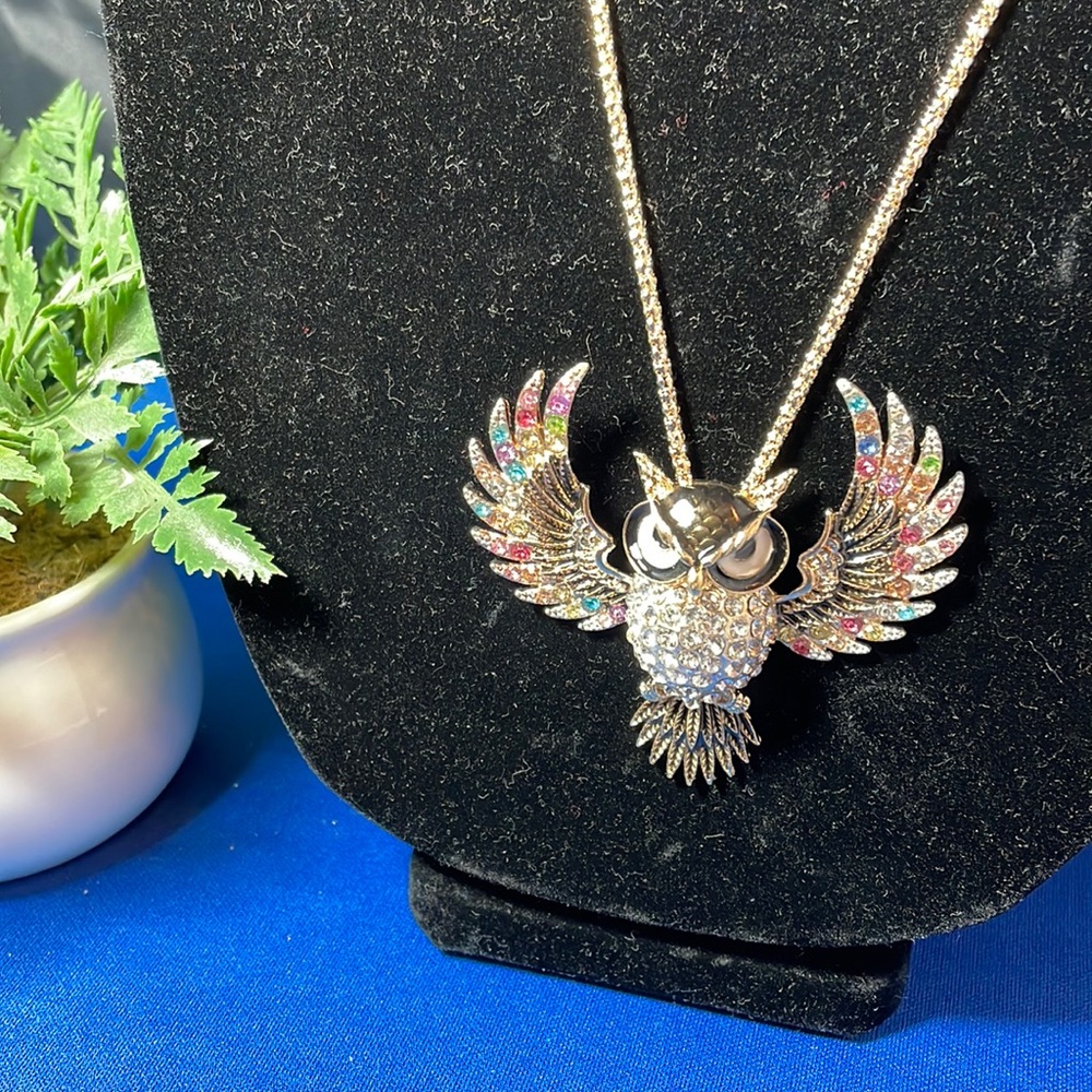 Betsey Johnson crystal wing owl necklace